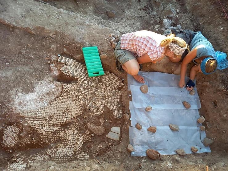 צוות הארכיאולוגים מטעם אוניברסיטת מיינץ מתעד את קווי המתאר של הפסיפס שהתגלה בסמוך לח'רבת אל-מיניה