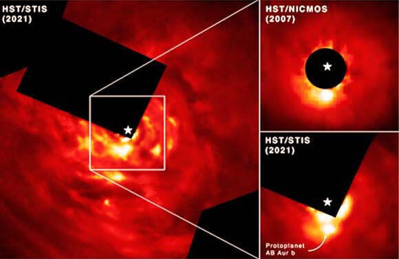 גדול פי תשעה מצדק. קדם-כוכב הלכת AB Aurigae b בתמונות מטלסקופ החלל האבל מ-2007 ומ-2021, מופיע ככתם בוהק מתחת לכוכב Alyssa Pagan, STScI