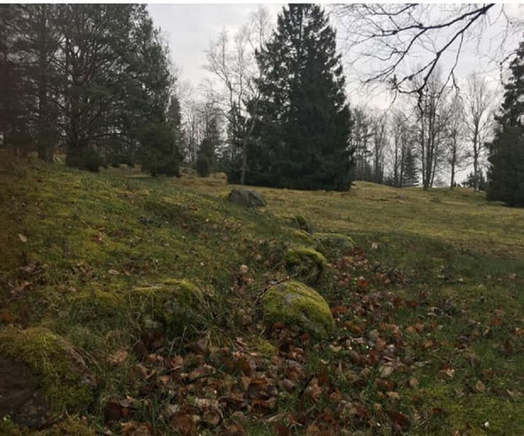 הקבר מהתקופה הרומית (Stubhøj) והקבר מתקופת הוויקנגים (Store Vikingegrav) באתר הקבורה באוסטפול שבנורבגיה מסומנים באבני שפה 