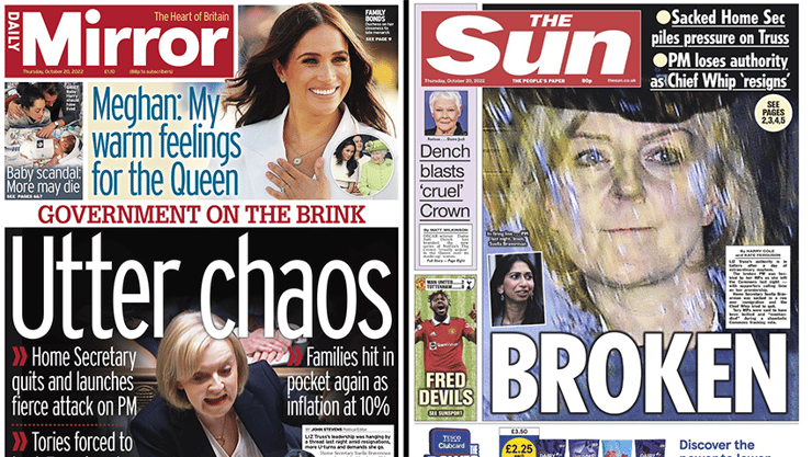 כותרות עיתונים מירור ו הסאן נגד ראש ממשלת בריטניה ליז טראס בצל קריאות להתפטרותה