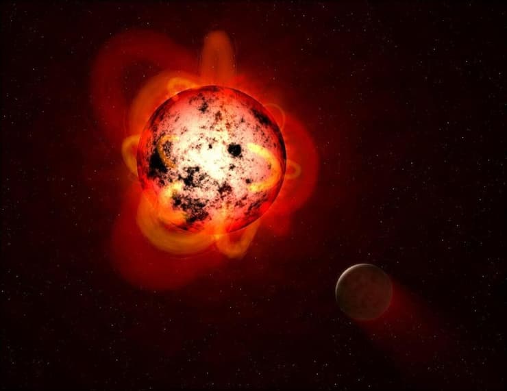 איור של כוכב ננס אדום מסוג M, אשר סביבו נע כוכב לכת, העוד שהכוכב ננס אדום מתלקח באופן שהורס את האטמוספירה של כוכב הלכת