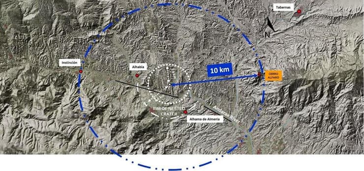 מיקום מרכז המכתש ורדיוס של 20 ק"מ של האזור המושפע מהפגיעה באגן אלהביה-טברנס