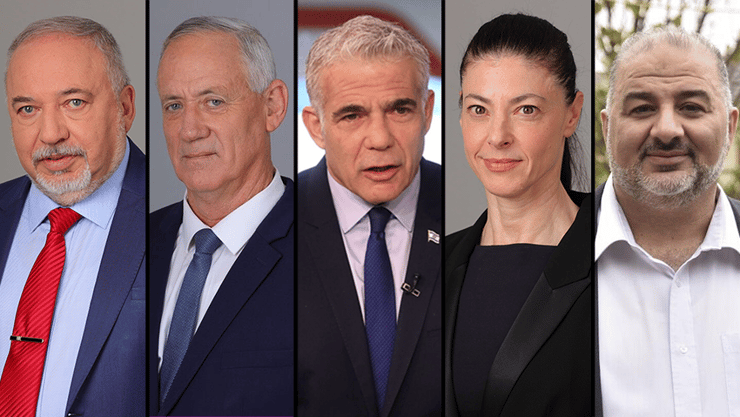 "לחשוב ביחד איך לנהל את האופוזיציה". עבאס, מיכאלי, לפיד, גנץ וליברמן (צילום: שאול גולן, ירון ברנר, שרון צור ) יאיר לפיד