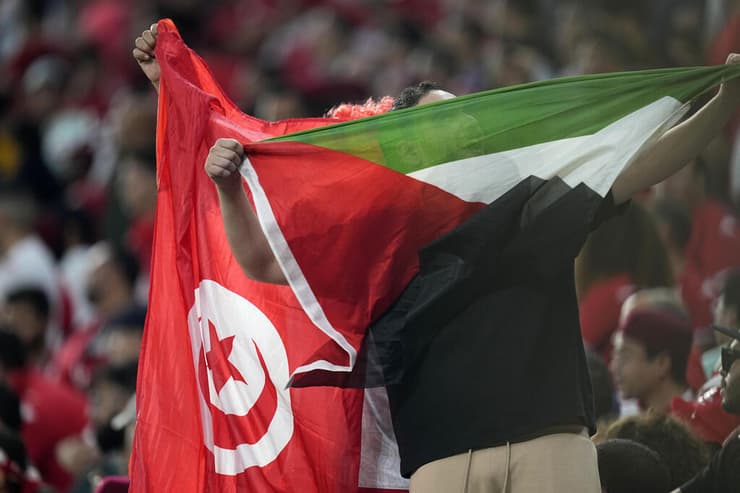 אוהד נבחרת טוניסיה עם דגל פלסטניאי