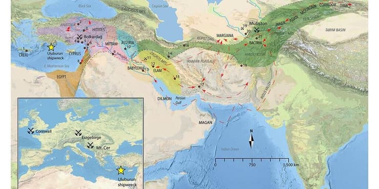 מפה המתארת את נתיבי הסחר בבדיל בתקופת הברונזה המאוחרת