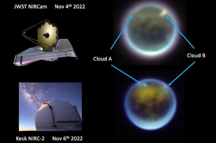 שני העננים על טיטאן בין התאריכים 4-6 בנובמבר 2022, כפי שנראו במצלמת תת-אדום קרוב (NIRC) של ג'יימס ווב (למעלה) ובמצלמת תת-אדום קרוב מדור שני (NIRC2) של מצפה הכוכבים קק (למטה)
