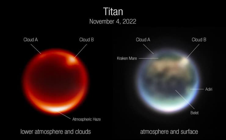 תמונות של טיטאן, הירח של שבתאי, אשר צולמו על ידי מצלמת תת-אדום קרוב (NIRC) של ג'יימס ווב ב-4 בנובמבר 2022, בהן ניתן להבחין בשני העננים