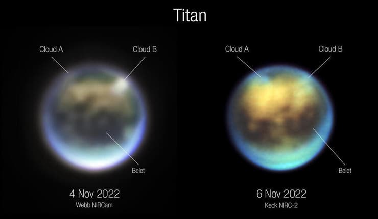 שני העננים על טיטאן בין התאריכים 4-6 בנובמבר 2022, כפי שנראו במצלמת תת-אדום קרוב (NIRC) של ג'יימס ווב (משמאל) ובמצלמת תת-אדום קרוב מדור שני (NIRC2) של מצפה הכוכבים קק (מימין)