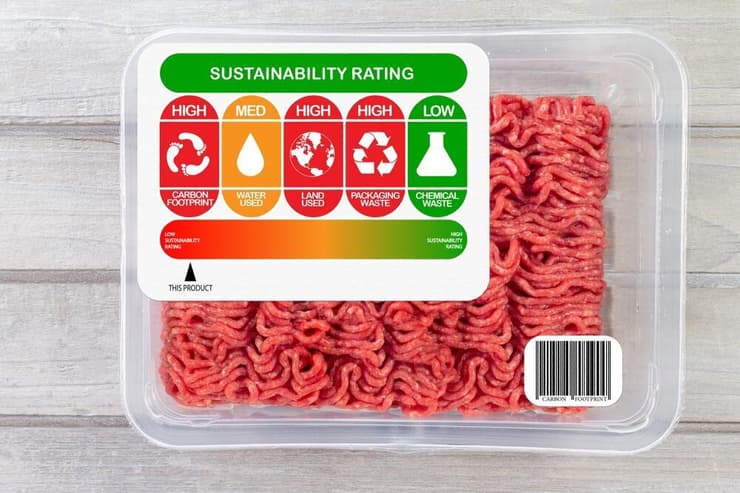 הבשר שאנחנו קונים בחנות הוא זול, אבל המחיר הסביבתי שלו יקר. אריזת בשר בקר עם תגית המציינת את טביעת הפחמן וצריכת משאבים (צילום: shutterstock) הבשר שאנחנו קונים בחנות הוא זול, אבל המחיר הסביבתי שלו יקר. אריזת בשר בקר עם תגית המציינת את טביעת הפחמן וצריכת משאבים