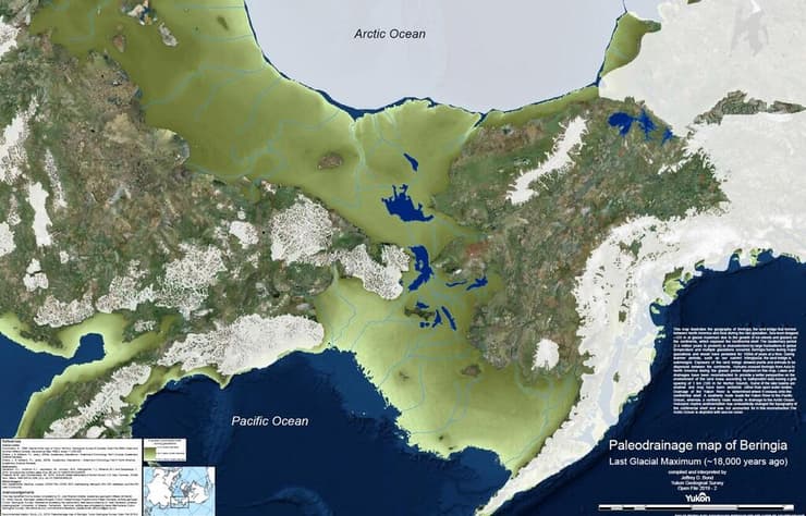 מפה זו ממחישה את הגיאוגרפיה של ברינגיה, הגשר היבשתי שנוצר בין צפון אמריקה לאסיה במהלך שיא עידן הקרח האחרון