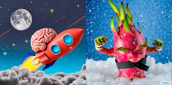 מוח טס על טיל לירח ודרקון פרי עם חגורת קראטה בשלג. שתי תמונות שציירה הבינה המלאכותית Imagen של גוגל | מקור: Imagen