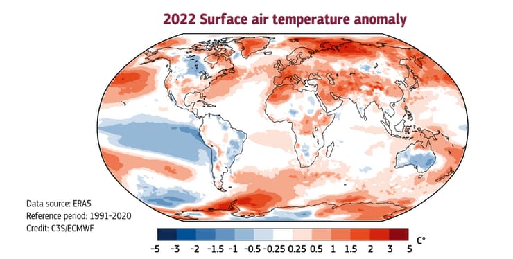 האזורים שהיו חמים בהרבה מהממוצע באדום כהה, בכחול האזורים שבהם נרשמה טמפרטורה נמוכה מהממוצע