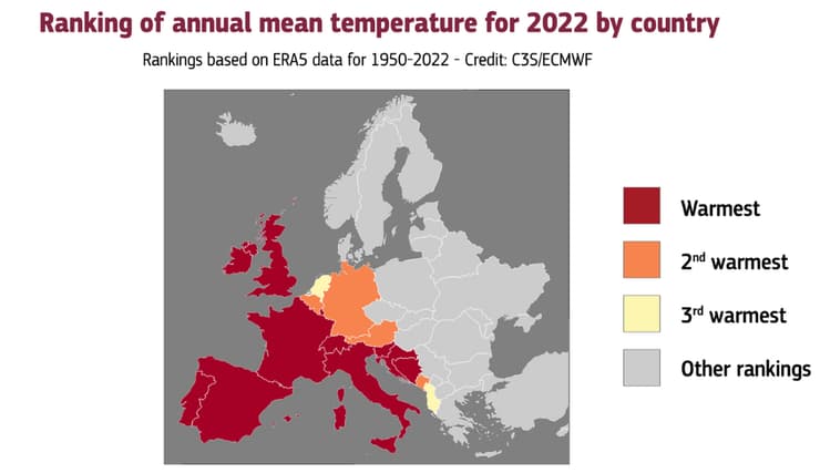 באדום - המדינות שבהן נרשמה באירופה השנה החמה בהיסטוריה