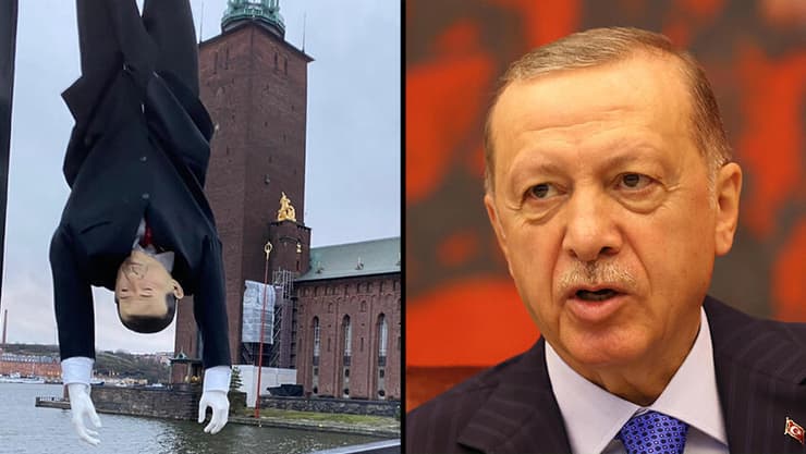 בובה בדמות נשיא טורקיה רג'פ טאיפ ארדואן תלויה ב הפגנה של כורדים ב שטוקהולם שבדיה