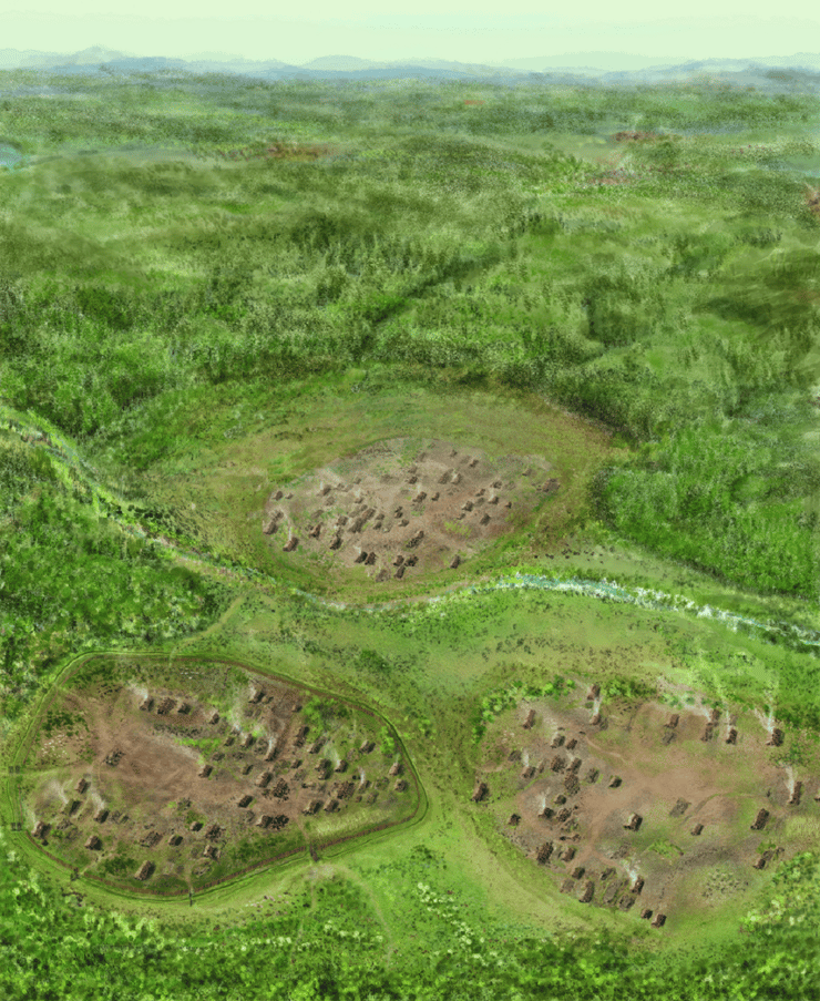 שלושת הכפרים שהיו סמוכים, כשהכפר הדרום-מערבי הוקף בתעלה שבה התגלו שרידי השלדים מחוסרי הראש