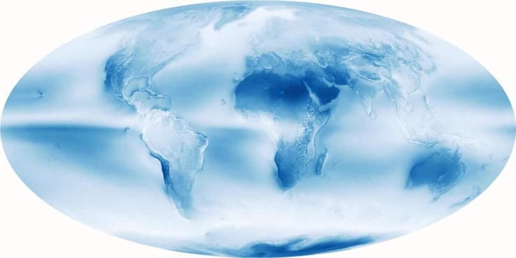 העננות בכדור-הארץ כפי שנקלטה לאורך יותר מעשור (2015-2002) על-ידי לוויין המחקר אקווה. פיזור העננים אינו שווה בין שני חצאי הכדור