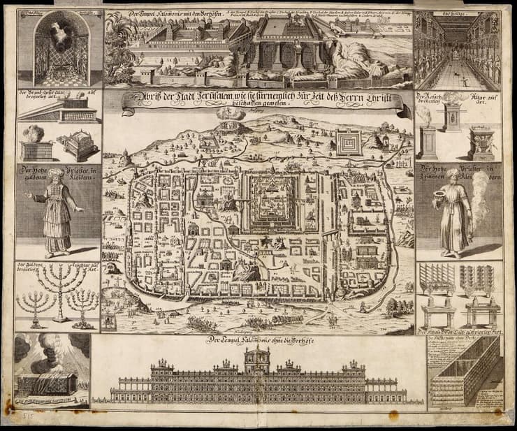 מפה מאמצע המאה ה-17 שמתארת את ירושלים ואת מקדש שלמה. קשר רופף למציאות