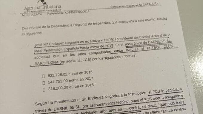 המסמך שמראה את התשלומים שברצלונה העבירה לסגן נשיא איגוד השופטים