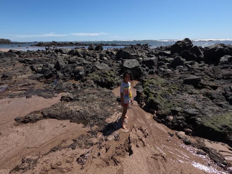 חוף הים מלא סלעים שחורים, תוצאה של פעילות געשית