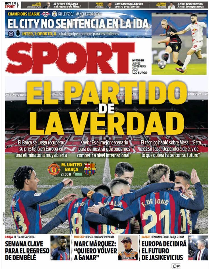 השער של העיתון 'ספורט' בבוקר המשחק בין ברצלונה לבין מנצ'סטר יונייטד בליגה האירופית