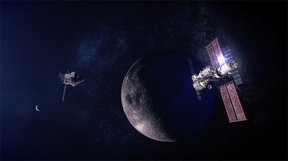 תחנת מעבר בין כדור הארץ לירח. הדמיה של חללית אוריון מתקרב לעגינה ב-Gateway במסלול סביב הירח
