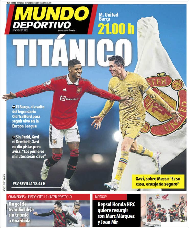 השער של העיתון 'מונדו דה ספורטיבו' בבוקר המשחק בין ברצלונה לבין מנצ'סטר יונייטד בליגה האירופית
