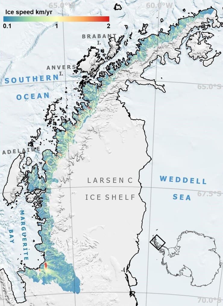 מפה שממחישה את מהירות תנועת והמסת הקרח באזור המחקר, בחוף המערבי של חצי האי האנטארקטי