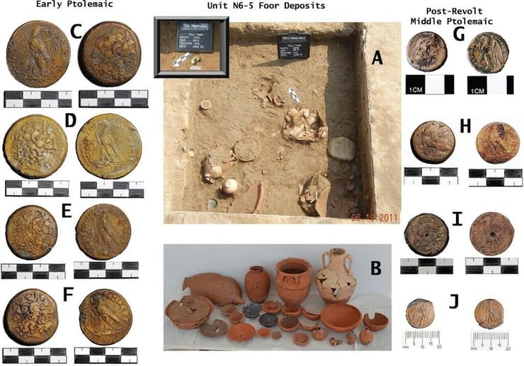 מטבעות וכלי חרס שהתגלו במהלך החפירות בתל טימאי