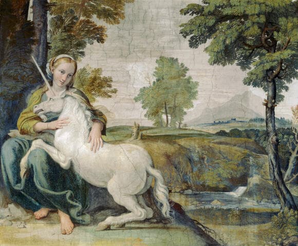אמנים ציירו חדי-קרן בהשראת בעלי חיים שהכירו היטב, כאן סוס עם זקן תיש. הבתולה והחד-קרן, ציור של דומנצ'ינו מ-1602