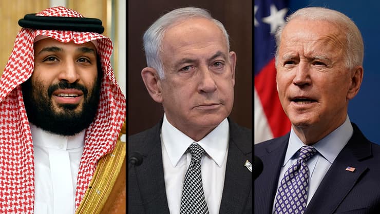 "הסכם עם סעודיה, המפתח לברית ביטחונית בהובלת ארה"ב". ביידן, נתניהו ובן סלמאן 
