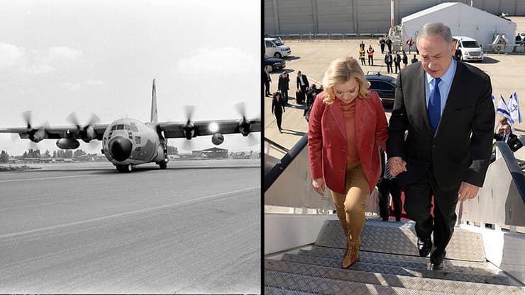 מימין: נתניהו ורעייתי בטיסה לרומא. משמאל: המטוס עם החטופים נוחת בנתב"ג