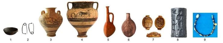 פריטים שאותם ייבאו להאלה סולטאן טקה כחלק מהיותו עיר מסחר מובילה בתקופת הברונזה, מסרדיניה (1), איטליה (2), כרתים (3), יוון (4), טורקיה (5), ישראל (6), מצרים (7), עיראק (8), אפגניסטן והודו (9)