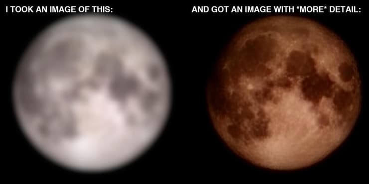 מימין לשמאל: תמונת הירח ללא עיבוד ואחרי 