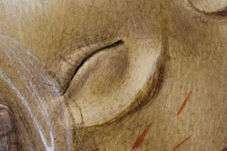 דוגמה לאופן שבו משפיע שימוש בחלמון ביצה טרי בציור שמבוסס על צבעי שמן, "הקינה על מות ישו" של הצייר סנדרו בוטיצ'לי