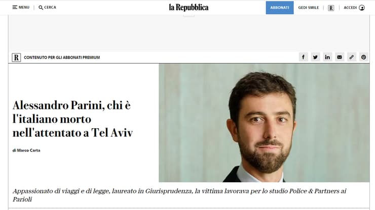 עמוד הבית של אתר חדשות איטלקי שמדווח על רצח התייר אלסנדרו פאריני בתל אביב