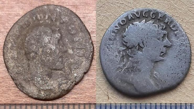 מטבע כסף שהוטבע בתקופת שלטונו של אנטונינוס פיוס, בין 138 עד 161 לספירה (משמאל) ומטבע הכסף שהוטבע בתקופת שלטונו של טראיאנוס, משנת 98 עד 117 לספירה