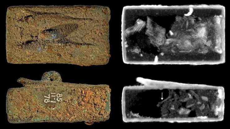 ארונות קבורה של בעלי חיים (משמאל) עם דמויות של לטאה, כשמימין הסריקה של תכולת ארונות הקבורה עם פיסות בד הפשתן (למעלה) ועצמות בעל החיים (למטה)