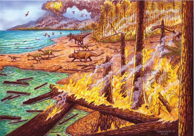 איור שמדמה את שריפות היער באנטארקטיקה בעת תקופת הקרטיקון
