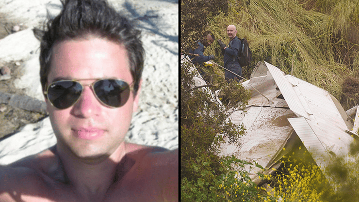 אינדיצקי וזירת ההתרסקות (צילום: AP) אלון אינדיצקי נהרג בתאונת מטוס בארה"ב