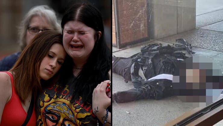 מימין: גופת הרוצח אחרי שחוסל בקניון בטקסס. משמאל: בוכים על הנרצחים באירוע זיכרון, הלילה