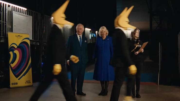 מלכת בריטניה קמילה ומלך בריטניה צ'ארלס בסרטון פתיחת חצי גמר אירוויזיון 2023 בליברפול