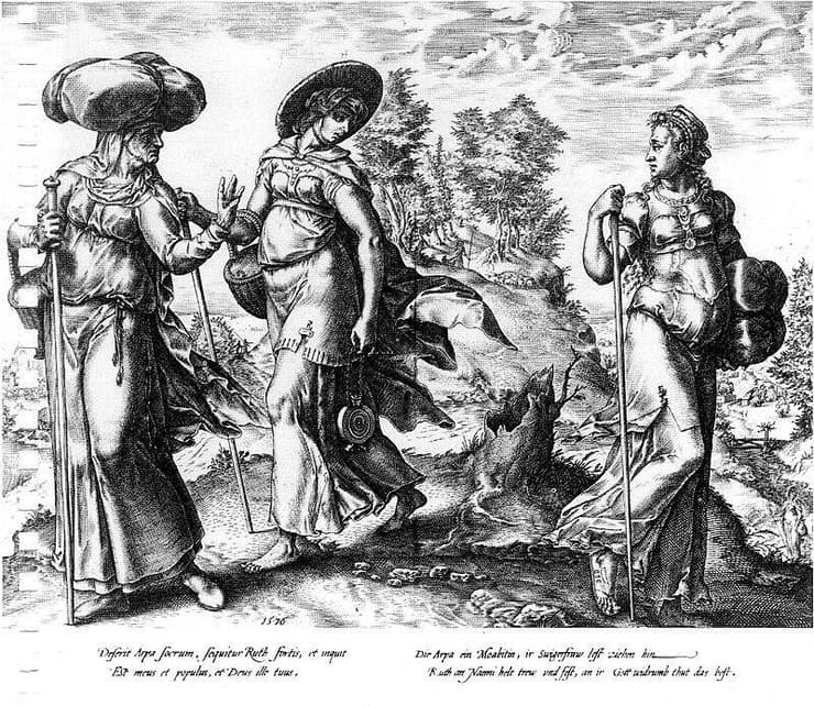 ערפה עוזבת את נעמי ורות. הדפס של האמן הנדריק גלוציוס מהמאה ה-16