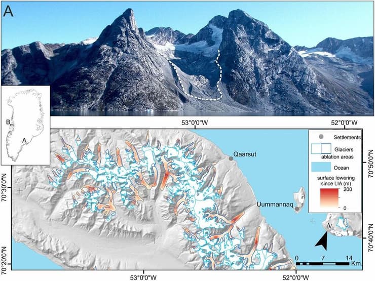 דוגמה לשינויים שחלו לרעה בקרחוני גרינלנד מאז עידן הקרח הקטן