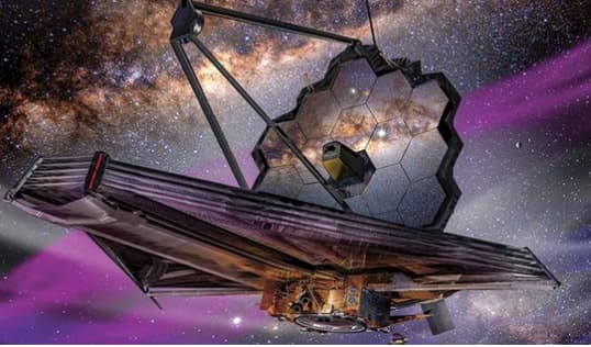 טלסקופ החלל ג׳ימס ווב על רקע תמונה של גלקסיית שביל החלב    
