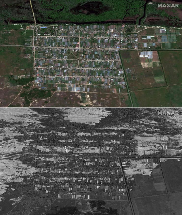 צילום לוויין לפני ואחרי הצפה הצפות בכפר קורסונקה אזור חרסון אוקראינה בעקבות פיצוץ סכר נובה קחובקה