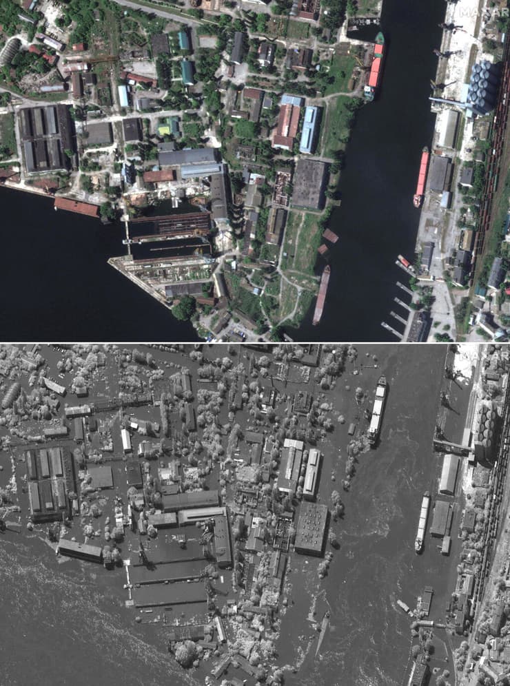 צילום לוויין לפני ואחרי הצפה הצפות באזור חרסון אוקראינה בעקבות פיצוץ סכר נובה קחובקה