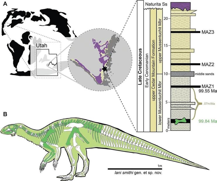 המיקום הפיזי ועל ציר הזמן שבו התגלו שרידיו של הדינוזאור יאני סמית'י, ואיור שממחיש את שרידי העצמות שנמצאו בשטח