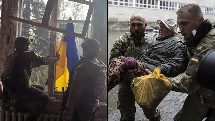 מניפים את דגל אוקראינה בכפר ששוחרר מכיבוש רוסי במחוז דונייצק