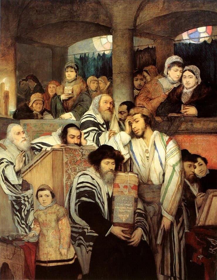 יהודים מתפללים בבית הכנסת ביום הכיפורים. ציור של מאוריציו גוטליב מהמאה ה-19