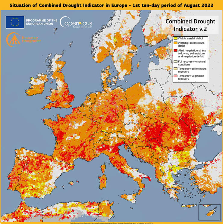 מפה שממחישה את מצב האקלים החמור באירופה בשנת 2022